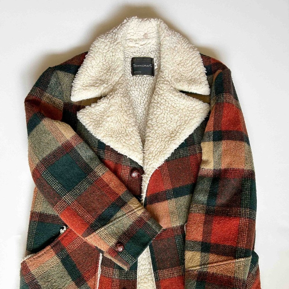 Men's Wool Sherpa Plaid Wool Coat TownCraft Size Medium